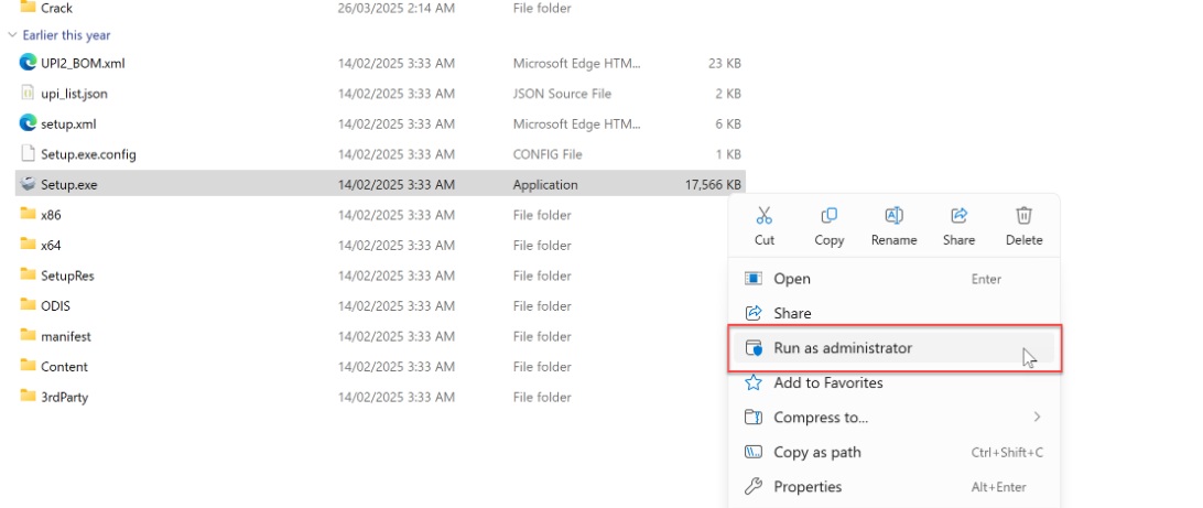 chạy setup với quyền admin