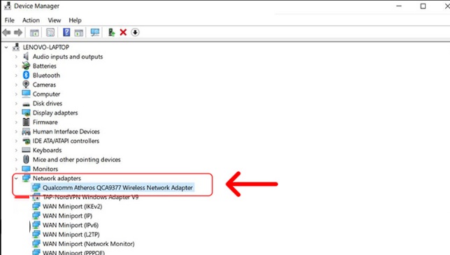 Màn hình Device Manager thể hiện cách cập nhật, cài lại driver wifi để sửa lỗi kết nối trên laptop.