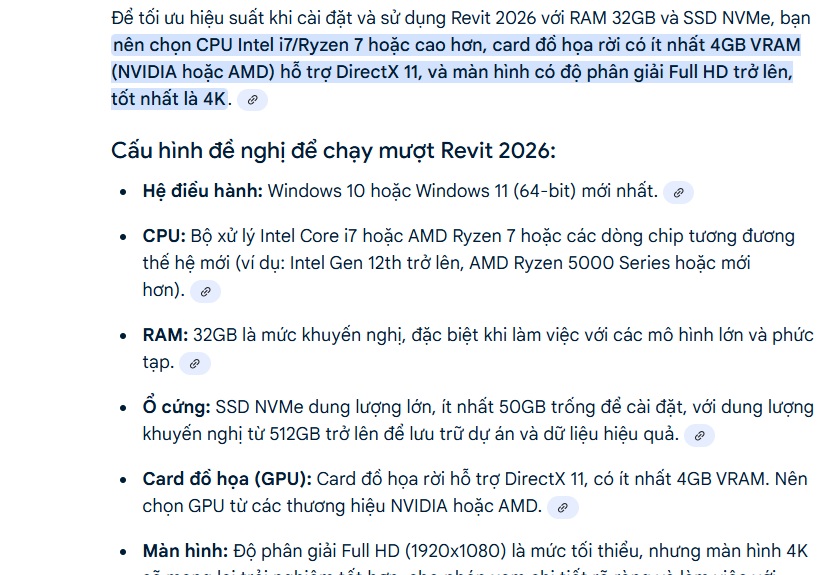 Cấu hình đề nghị cài đặt Revit 2026 Cấu hình đề nghị cài đặt Revit 2026 (RAM 32GB, SSD NVMe) để tối ưu hiệu suất