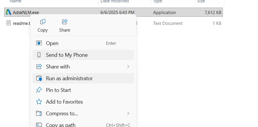 Chuột phải vào file AdskNLM.exe và menu ngữ cảnh hiện ra với tùy chọn "Run as administrator" được tô sáng