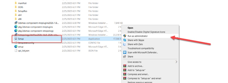 Thư mục cài đặt với file "Setup.exe" được khoanh đỏ chay file setup