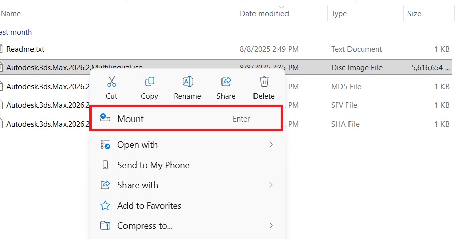 Chuột phải vào file ISO và menu ngữ cảnh hiện ra với tùy chọn "Mount" được tô sáng mount phan mem ra de cai dat