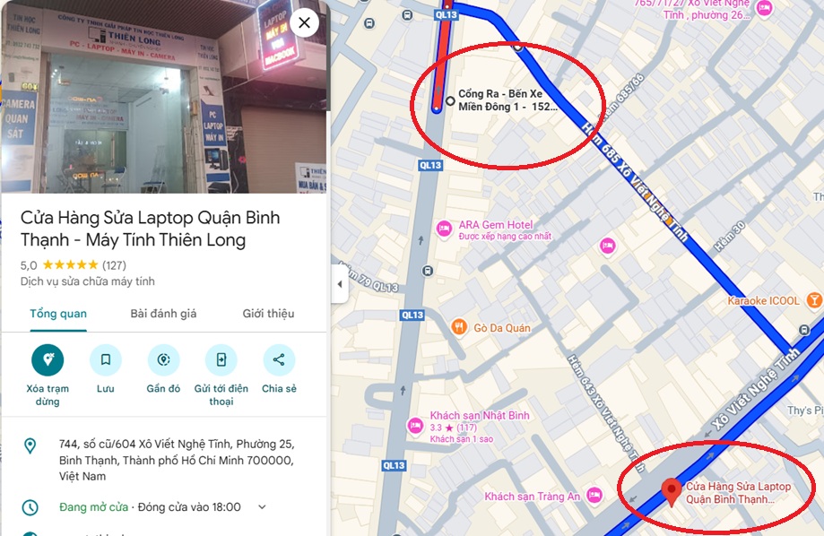 Bản đồ chỉ đường từ Bến Xe Miền Đông đến cửa hàng Thiên Long