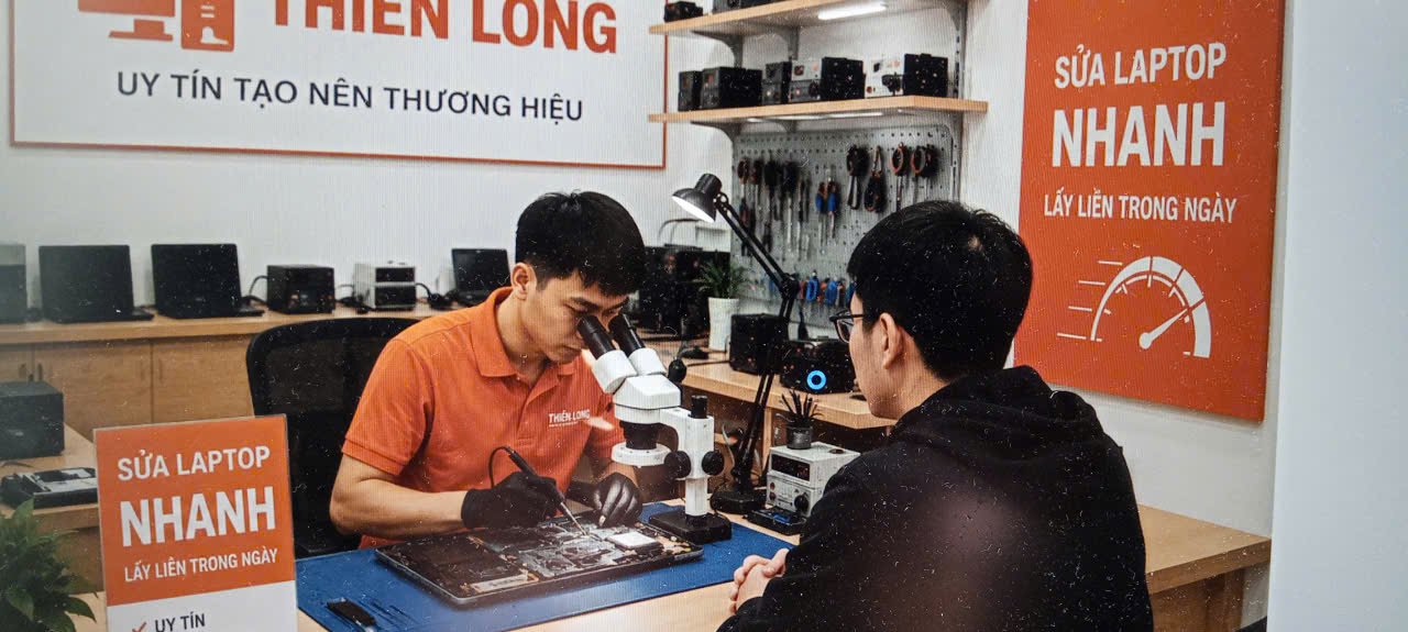 kỹ thuật đang sửa laptop không sạc pin cho khách ở phường hạnh thông